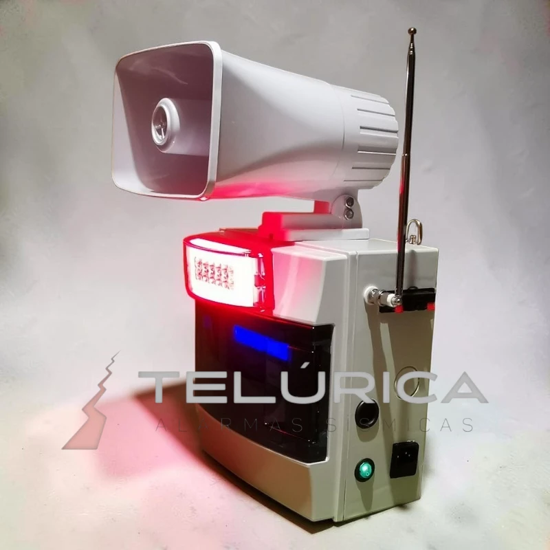 Gabinete de Alertamiento Sísmico TLG-04 con altavoces vista lateral derecha